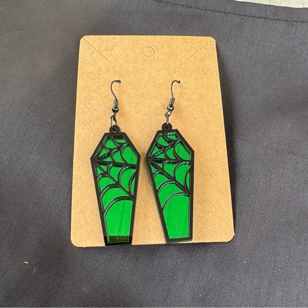 Green Coffin Fashion Earrings With Spiderweb